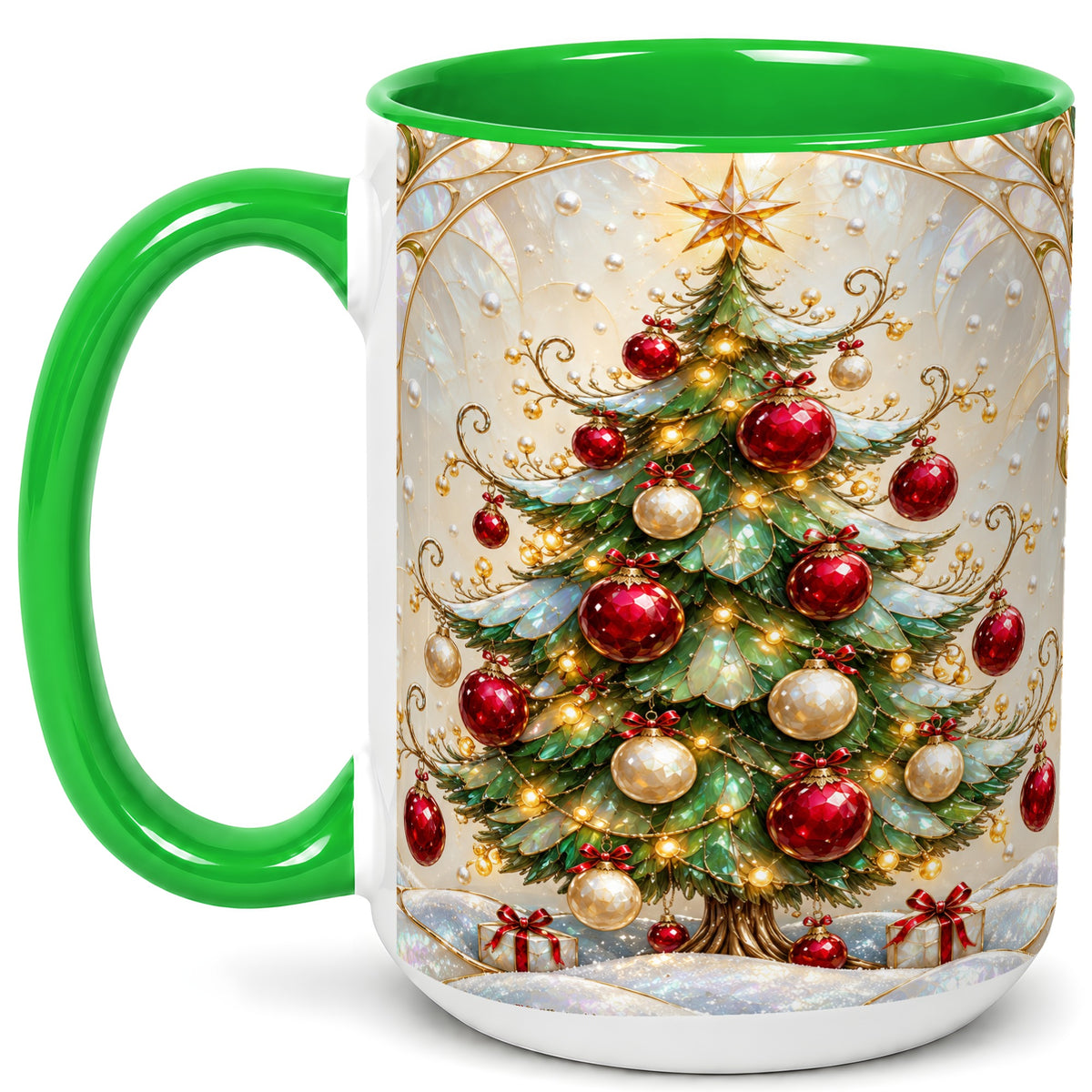 #pl[15oz|Green] Christmas Tree Coffee Mug, Red Ornament Mug, Ceramic Cup