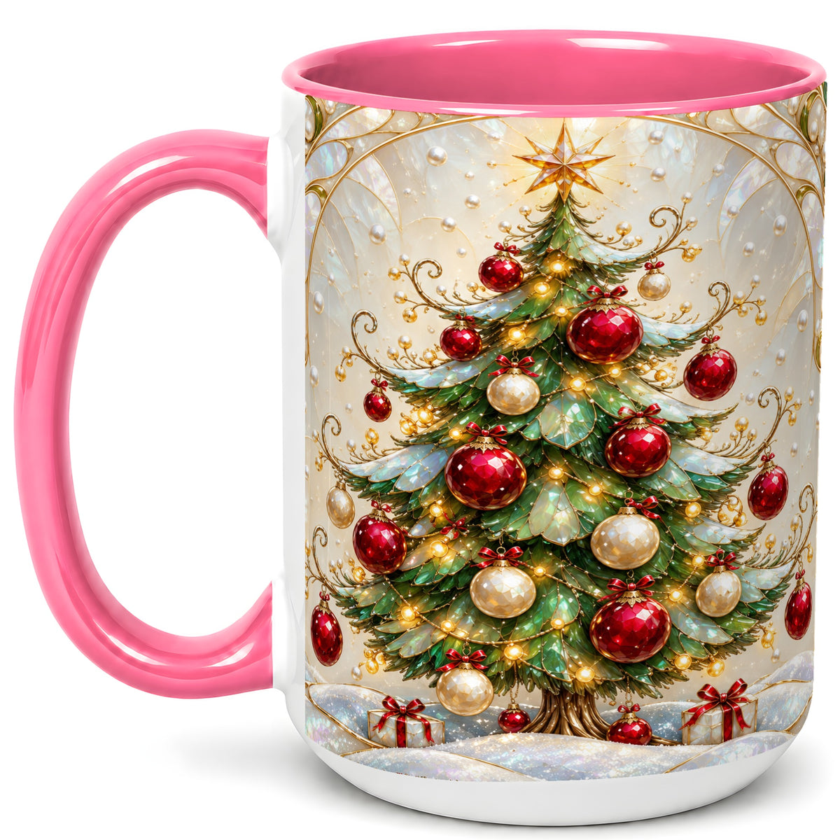 #pl[15oz|Pink] Christmas Tree Coffee Mug, Red Ornament Mug, Ceramic Cup