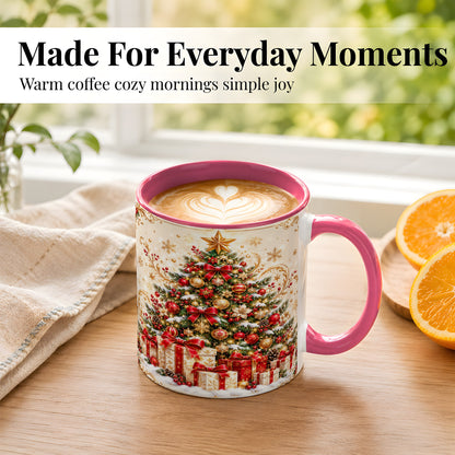 #pl[11oz|Pink] Christmas Tree Coffee Mug, Holiday Presents Mug, Ceramic Cup