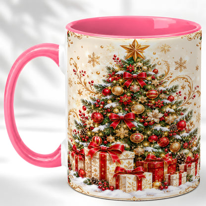 #pl[11oz|Pink] Christmas Tree Coffee Mug, Holiday Presents Mug, Ceramic Cup