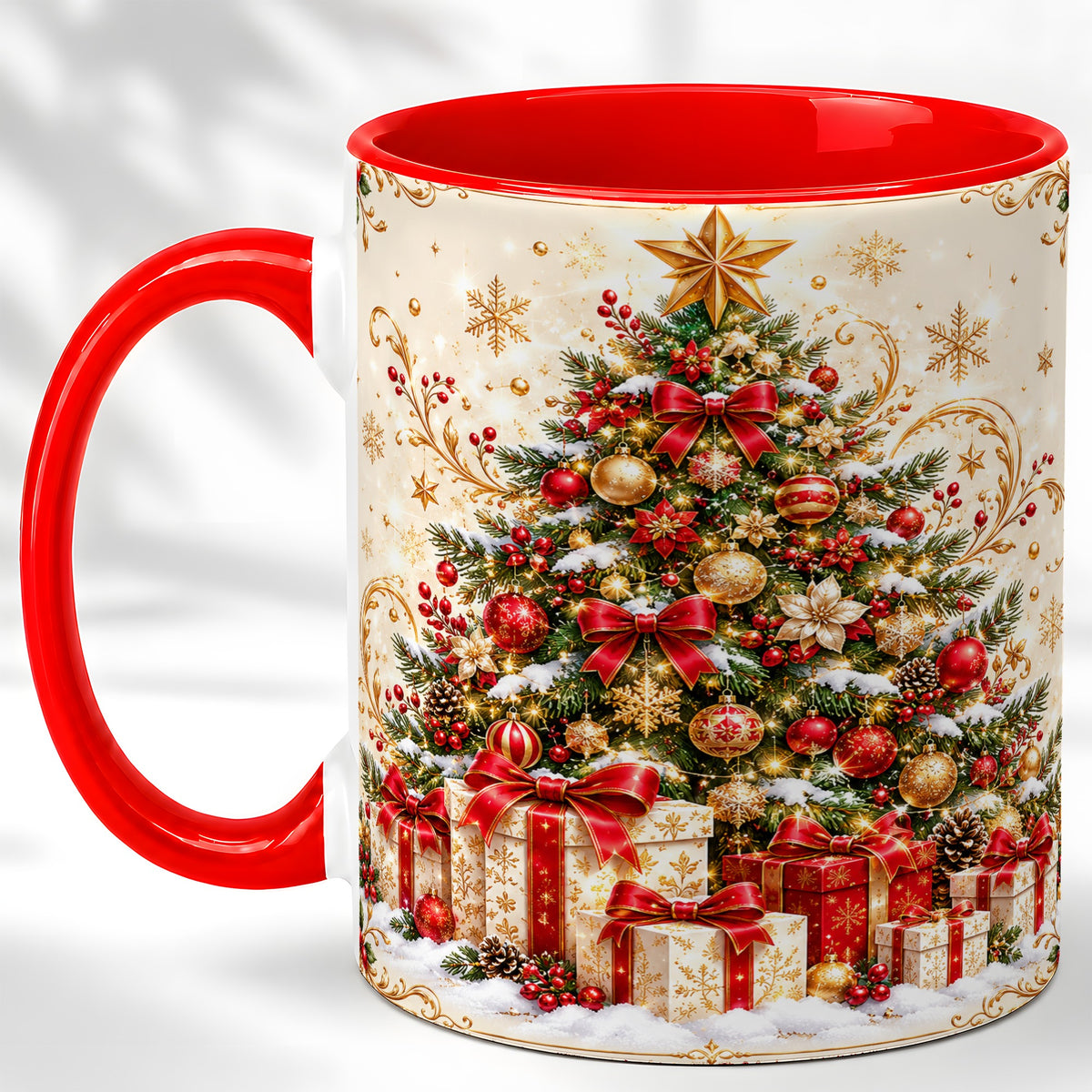 Christmas Tree Coffee Mug, Holiday Presents Mug, Ceramic Cup
