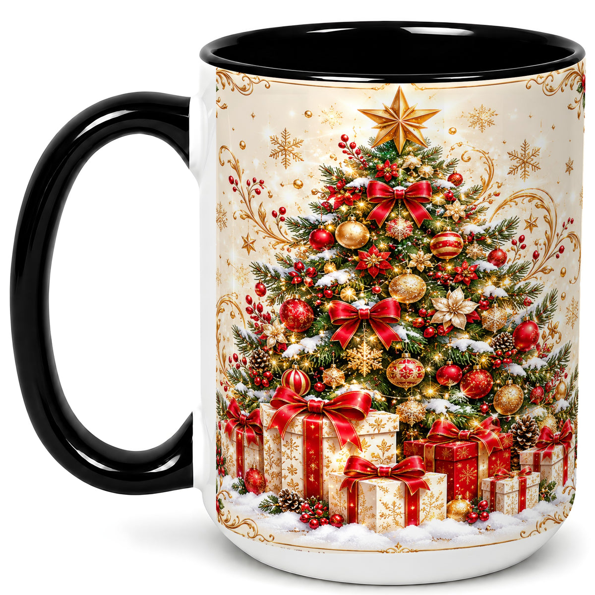 #pl[15oz|Black] Christmas Tree Coffee Mug, Holiday Presents Mug, Ceramic Cup
