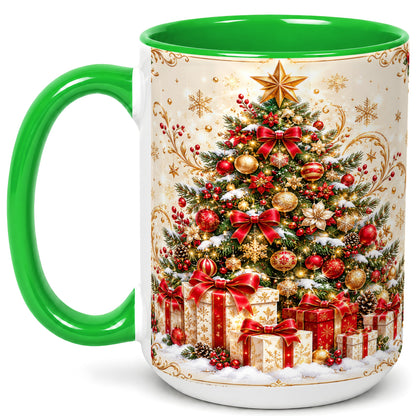 #pl[15oz|Green] Christmas Tree Coffee Mug, Holiday Presents Mug, Ceramic Cup