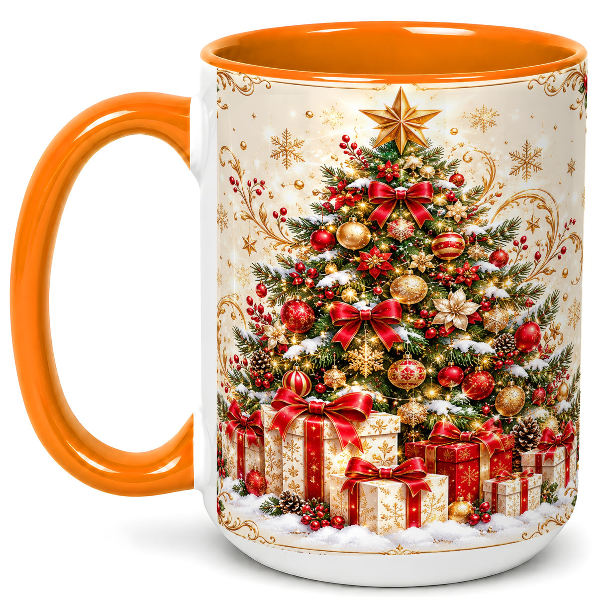 #pl[15oz|Orange] Christmas Tree Coffee Mug, Holiday Presents Mug, Ceramic Cup