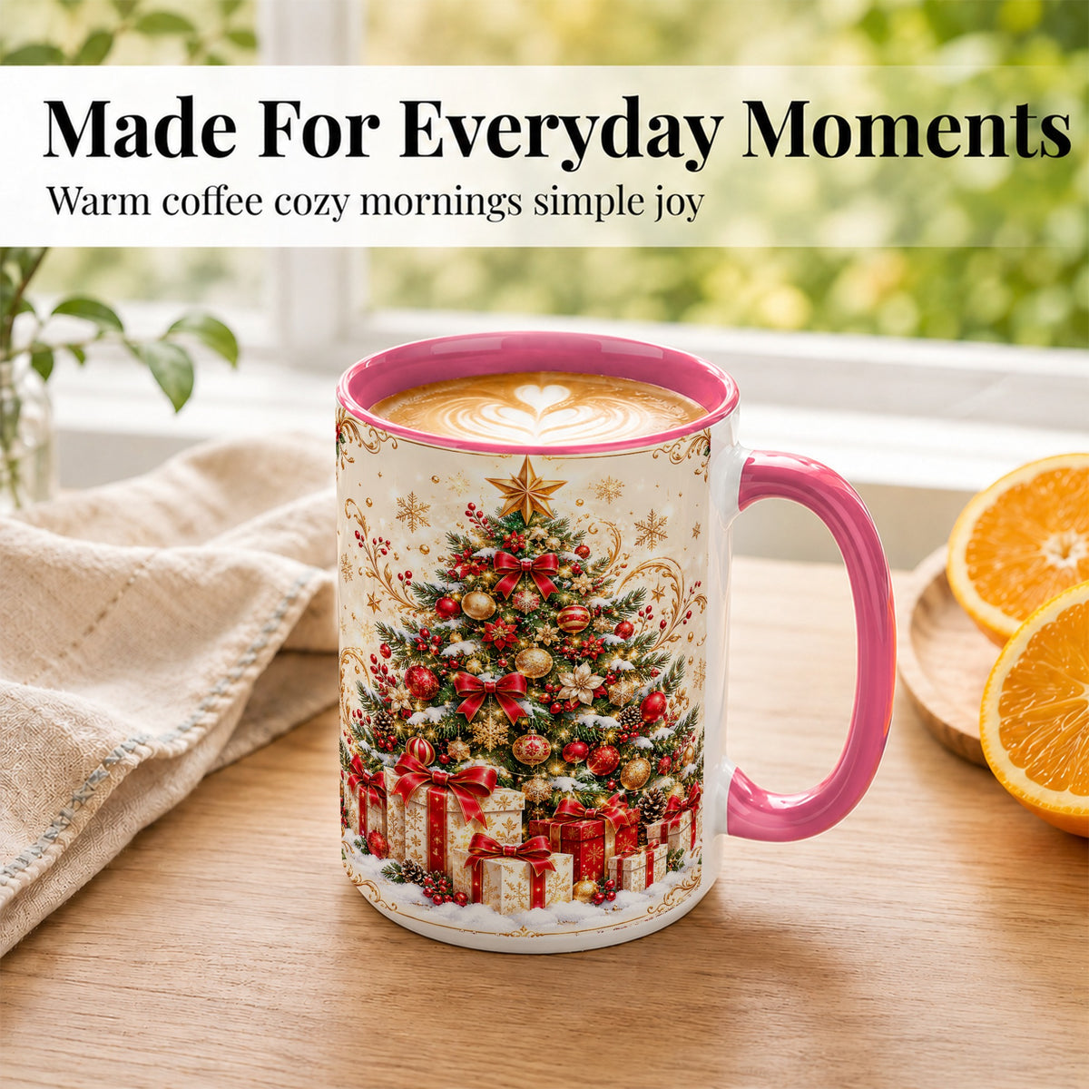#pl[15oz|Pink] Christmas Tree Coffee Mug, Holiday Presents Mug, Ceramic Cup