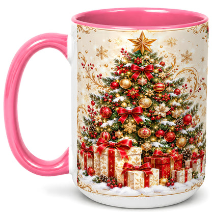 #pl[15oz|Pink] Christmas Tree Coffee Mug, Holiday Presents Mug, Ceramic Cup