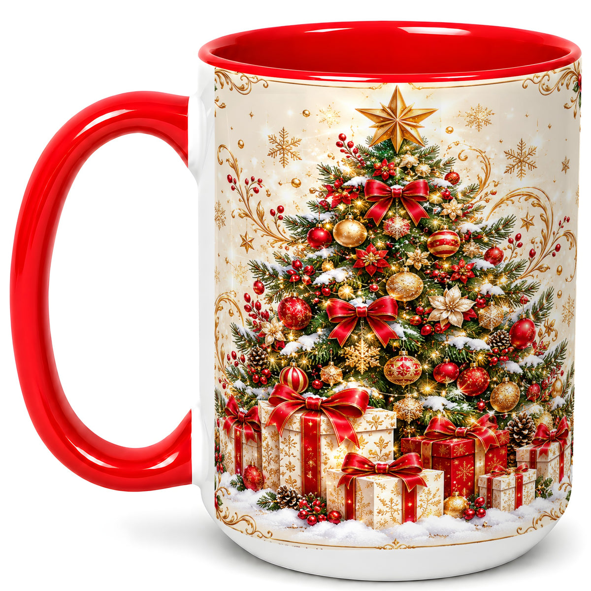#pl[15oz|Red] Christmas Tree Coffee Mug, Holiday Presents Mug, Ceramic Cup
