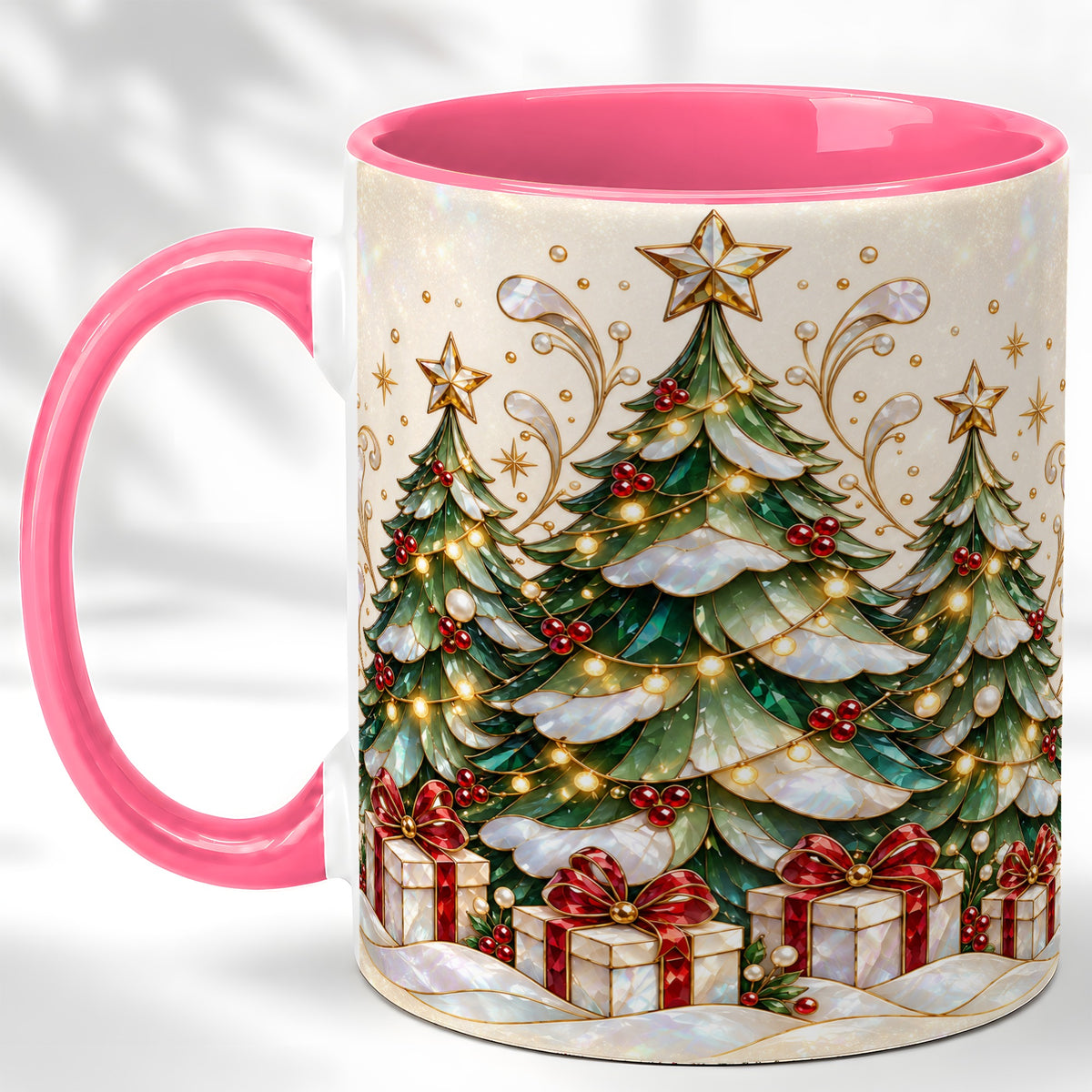 #pl[11oz|Pink] Christmas Tree Coffee Mug, Holiday Tree Mug, Ceramic Cup