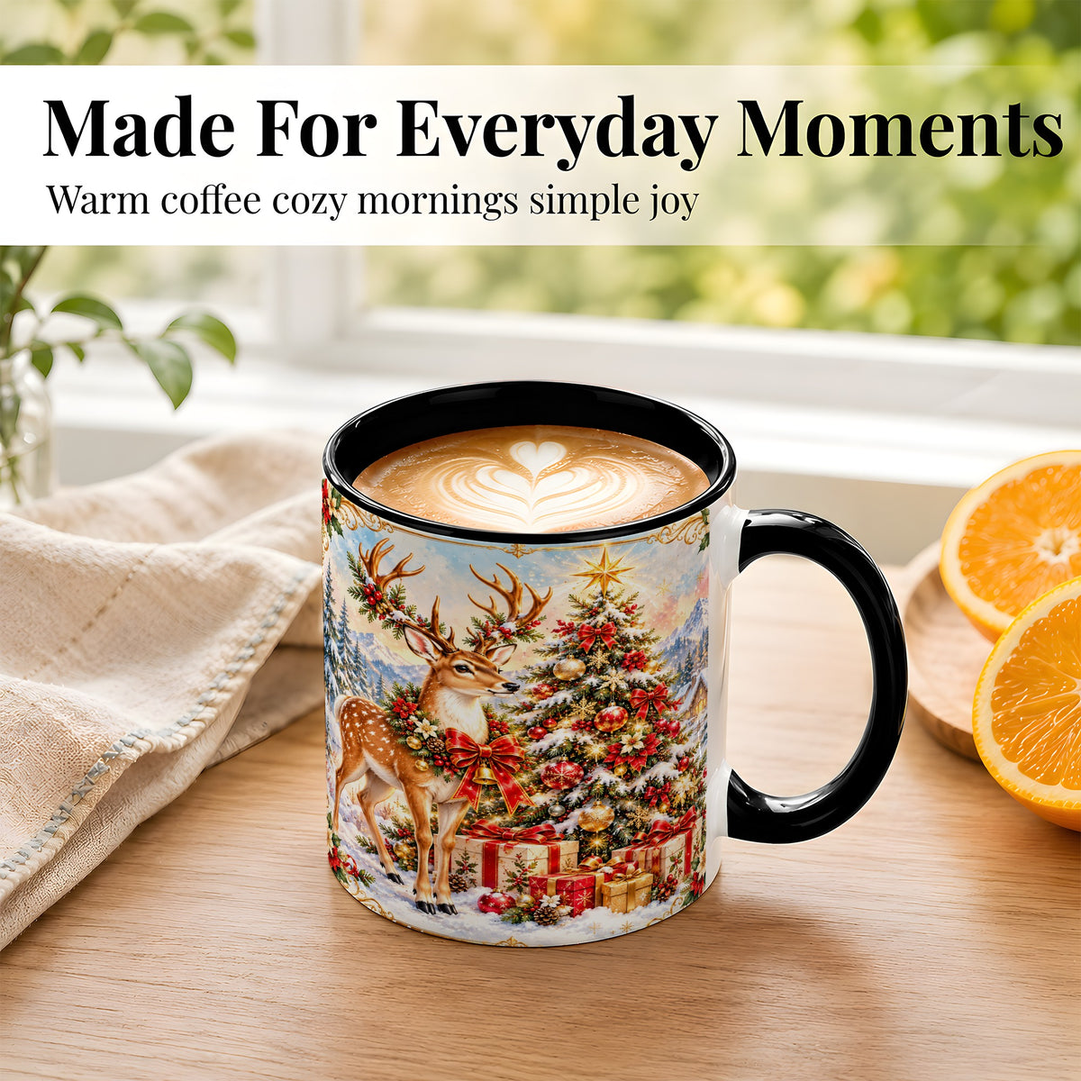 #pl[11oz|Black] Christmas Deer Coffee Mug, Winter Reindeer Mug, Ceramic Cup