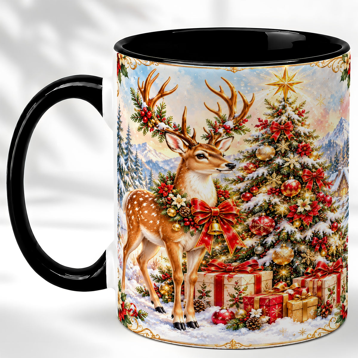 #pl[11oz|Black] Christmas Deer Coffee Mug, Winter Reindeer Mug, Ceramic Cup