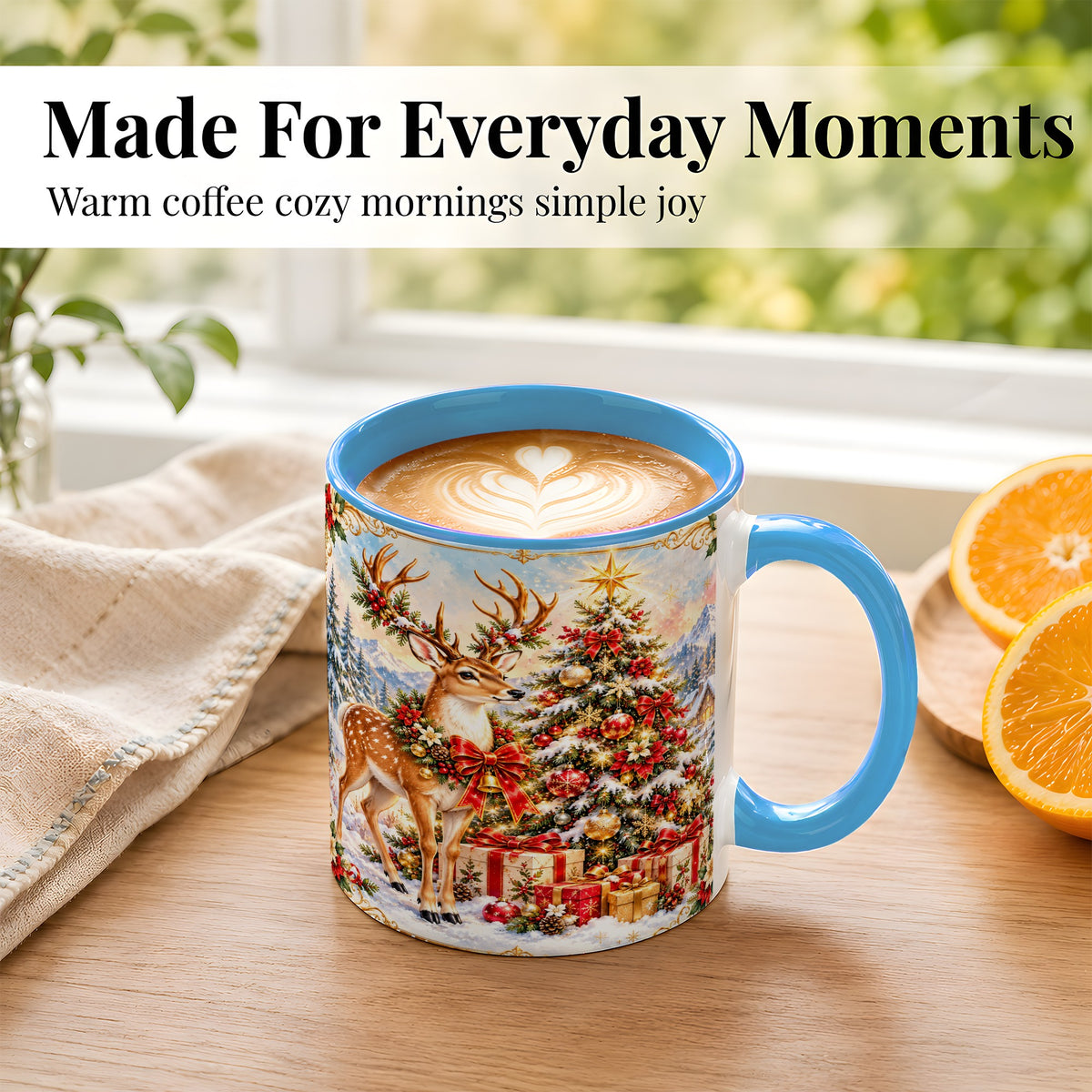 #pl[11oz|Blue] Christmas Deer Coffee Mug, Winter Reindeer Mug, Ceramic Cup