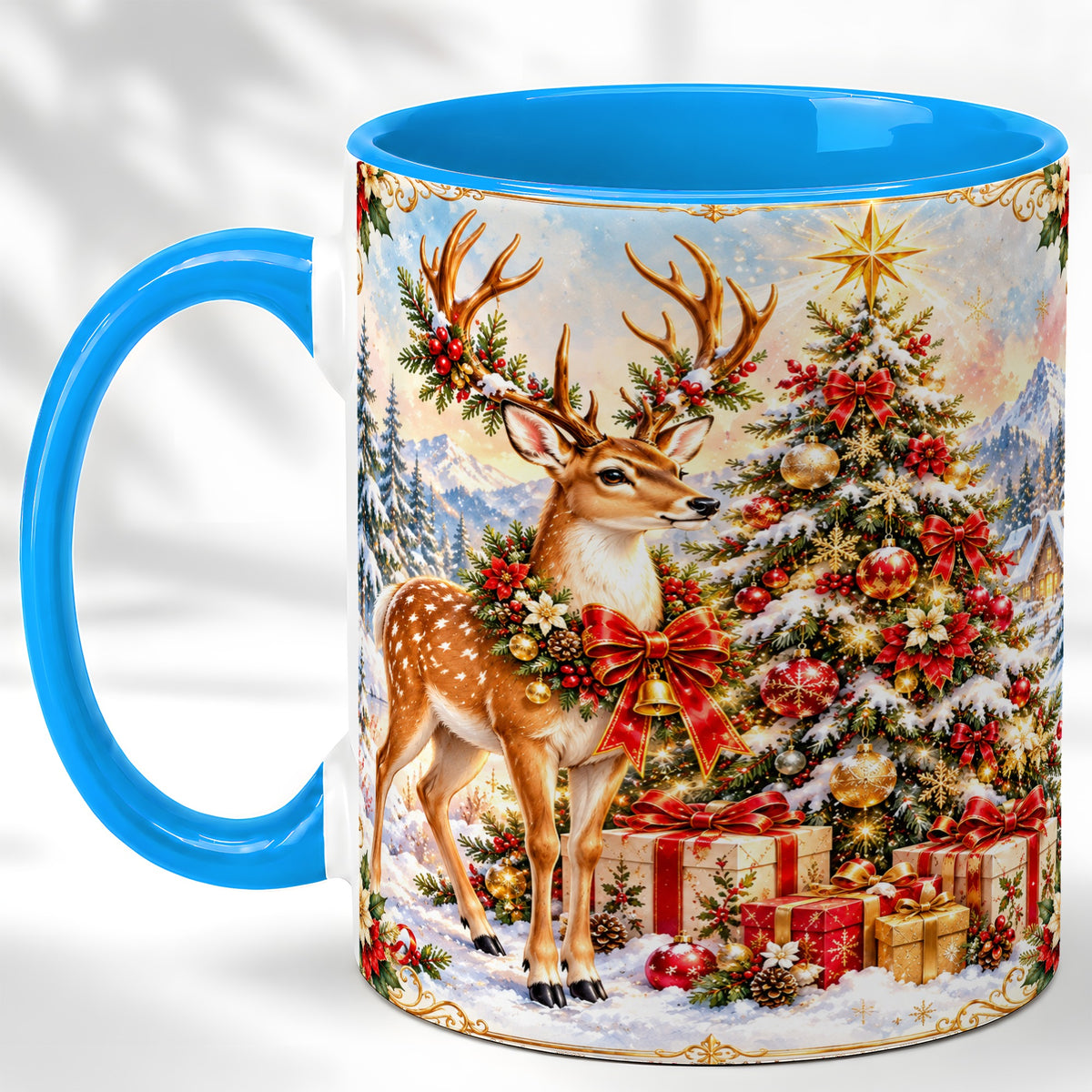 #pl[11oz|Blue] Christmas Deer Coffee Mug, Winter Reindeer Mug, Ceramic Cup