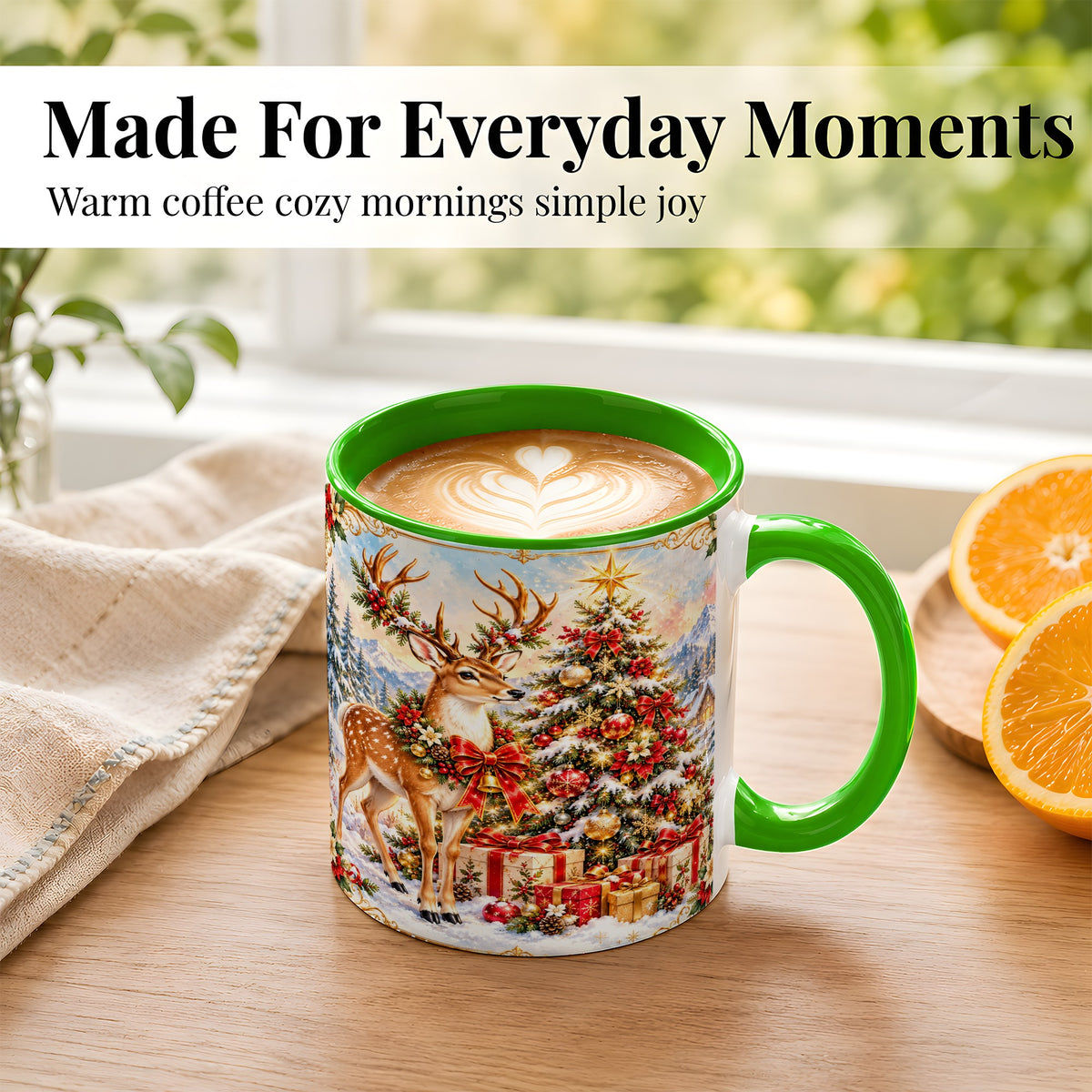 #pl[11oz|Green] Christmas Deer Coffee Mug, Winter Reindeer Mug, Ceramic Cup