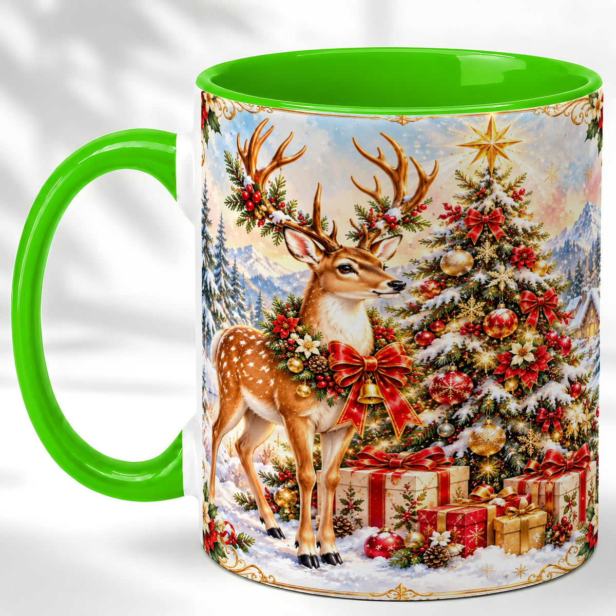 #pl[11oz|Green] Christmas Deer Coffee Mug, Winter Reindeer Mug, Ceramic Cup