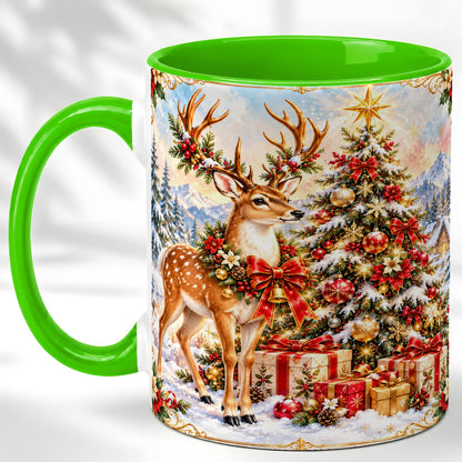 #pl[11oz|Green] Christmas Deer Coffee Mug, Winter Reindeer Mug, Ceramic Cup