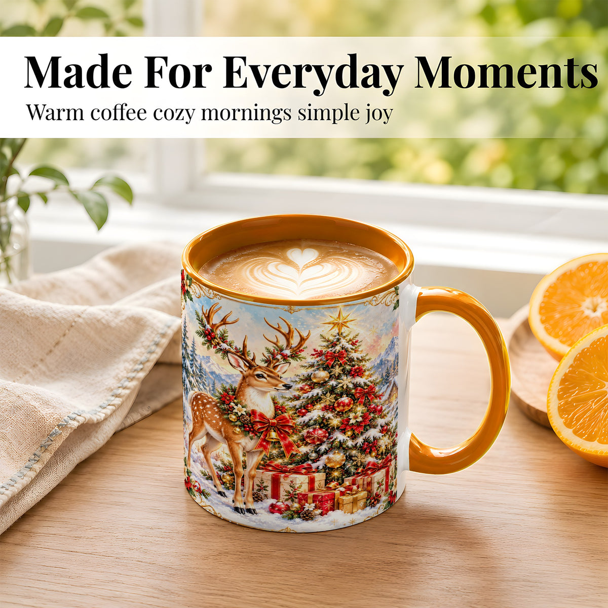 #pl[11oz|Orange] Christmas Deer Coffee Mug, Winter Reindeer Mug, Ceramic Cup