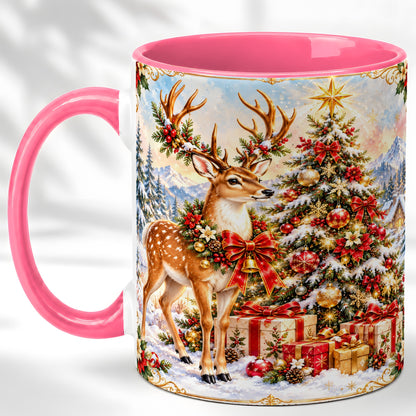 #pl[11oz|Pink] Christmas Deer Coffee Mug, Winter Reindeer Mug, Ceramic Cup