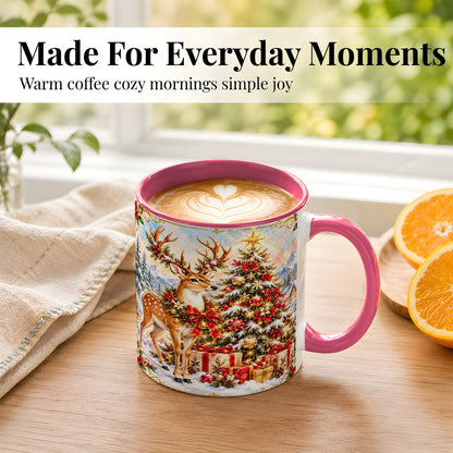 #pl[11oz|Pink] Christmas Deer Coffee Mug, Winter Reindeer Mug, Ceramic Cup