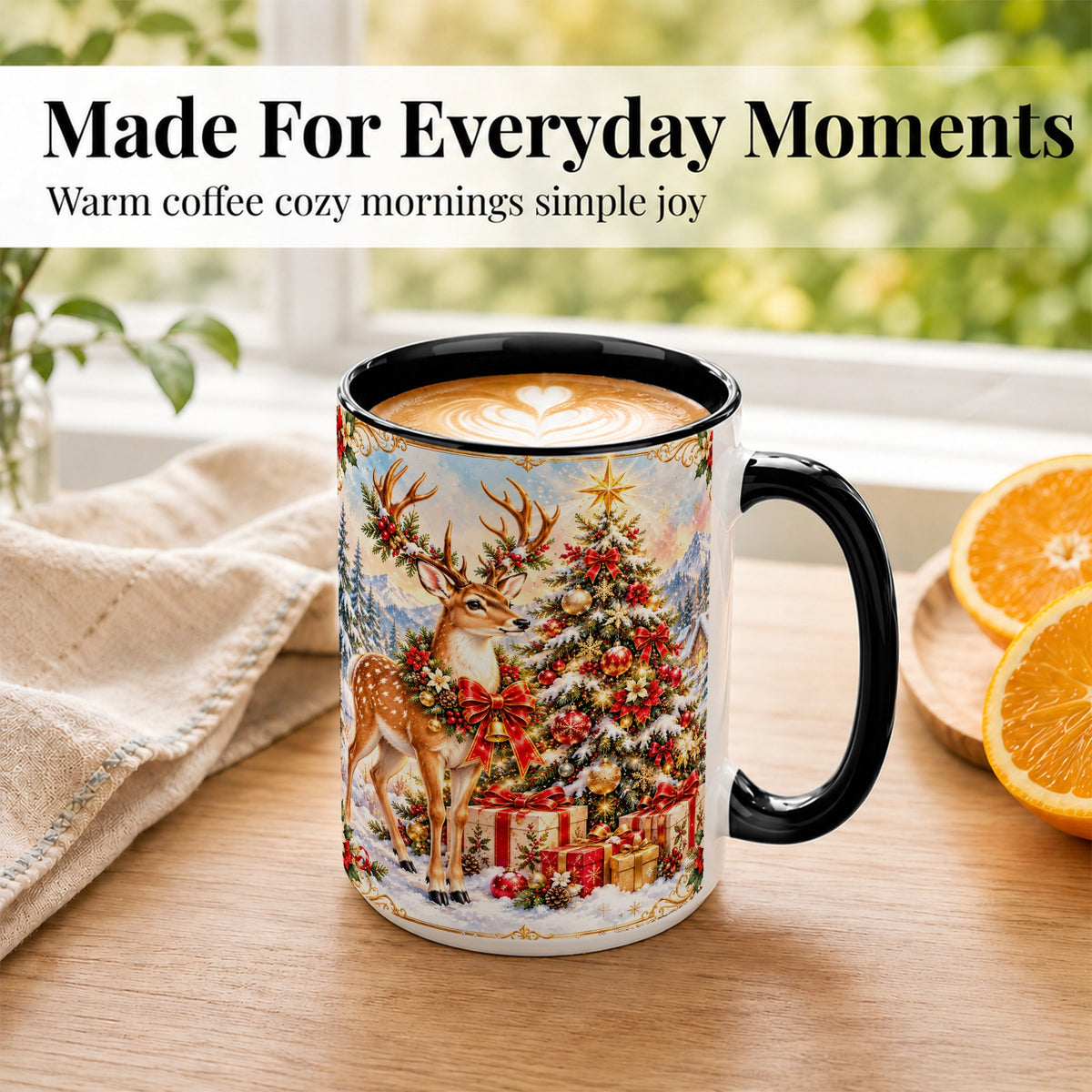 #pl[15oz|Black] Christmas Deer Coffee Mug, Winter Reindeer Mug, Ceramic Cup