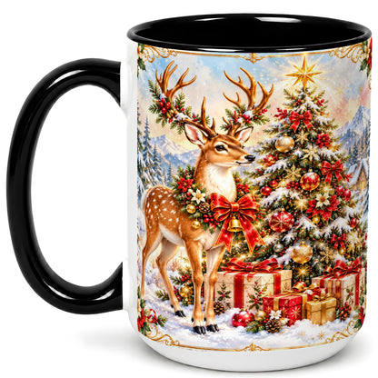 #pl[15oz|Black] Christmas Deer Coffee Mug, Winter Reindeer Mug, Ceramic Cup