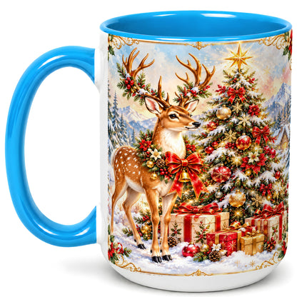 #pl[15oz|Blue] Christmas Deer Coffee Mug, Winter Reindeer Mug, Ceramic Cup