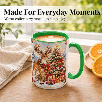 #pl[15oz|Green] Christmas Deer Coffee Mug, Winter Reindeer Mug, Ceramic Cup