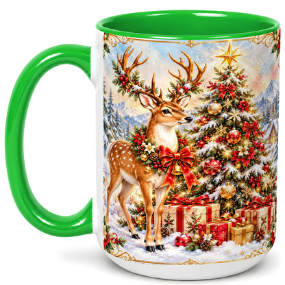 #pl[15oz|Green] Christmas Deer Coffee Mug, Winter Reindeer Mug, Ceramic Cup