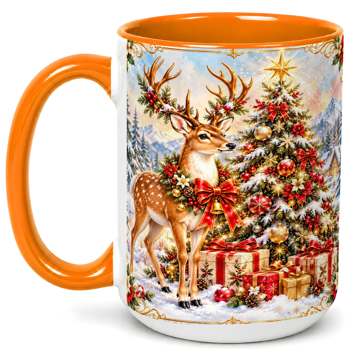 #pl[15oz|Orange] Christmas Deer Coffee Mug, Winter Reindeer Mug, Ceramic Cup