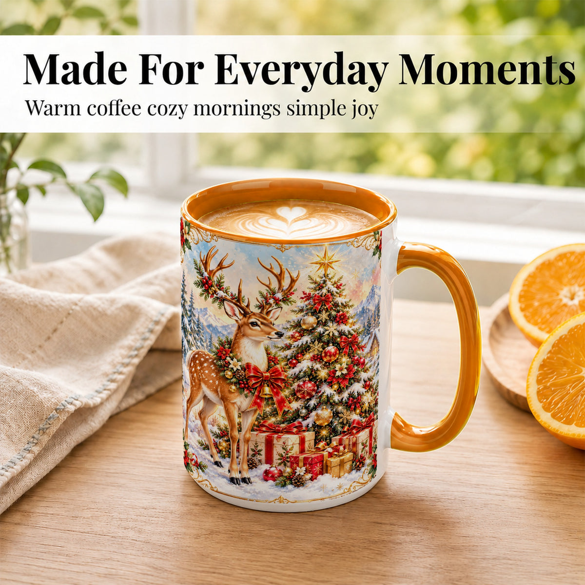 #pl[15oz|Orange] Christmas Deer Coffee Mug, Winter Reindeer Mug, Ceramic Cup
