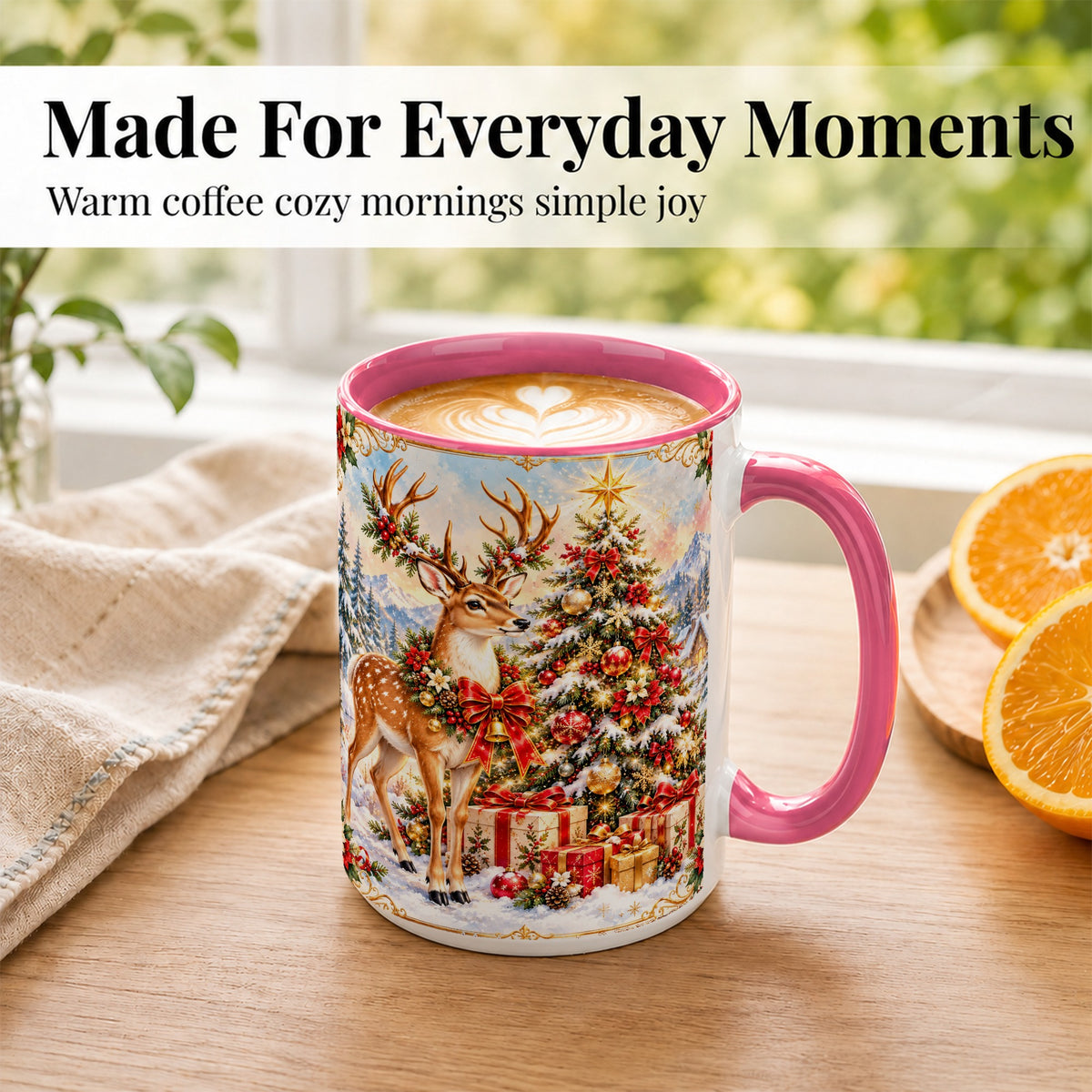 #pl[15oz|Pink] Christmas Deer Coffee Mug, Winter Reindeer Mug, Ceramic Cup