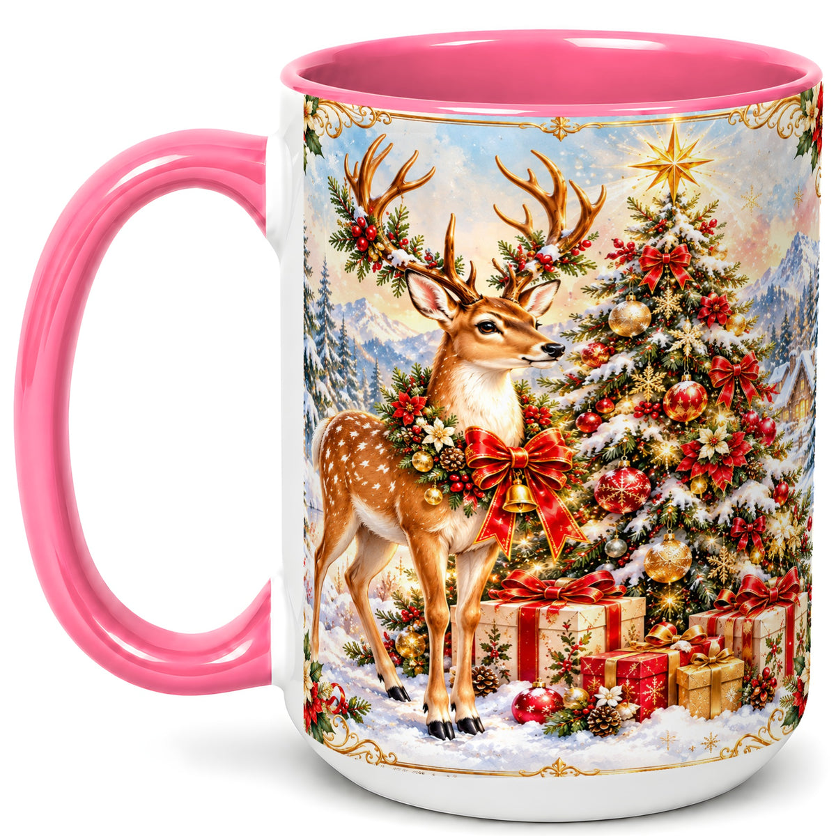 #pl[15oz|Pink] Christmas Deer Coffee Mug, Winter Reindeer Mug, Ceramic Cup