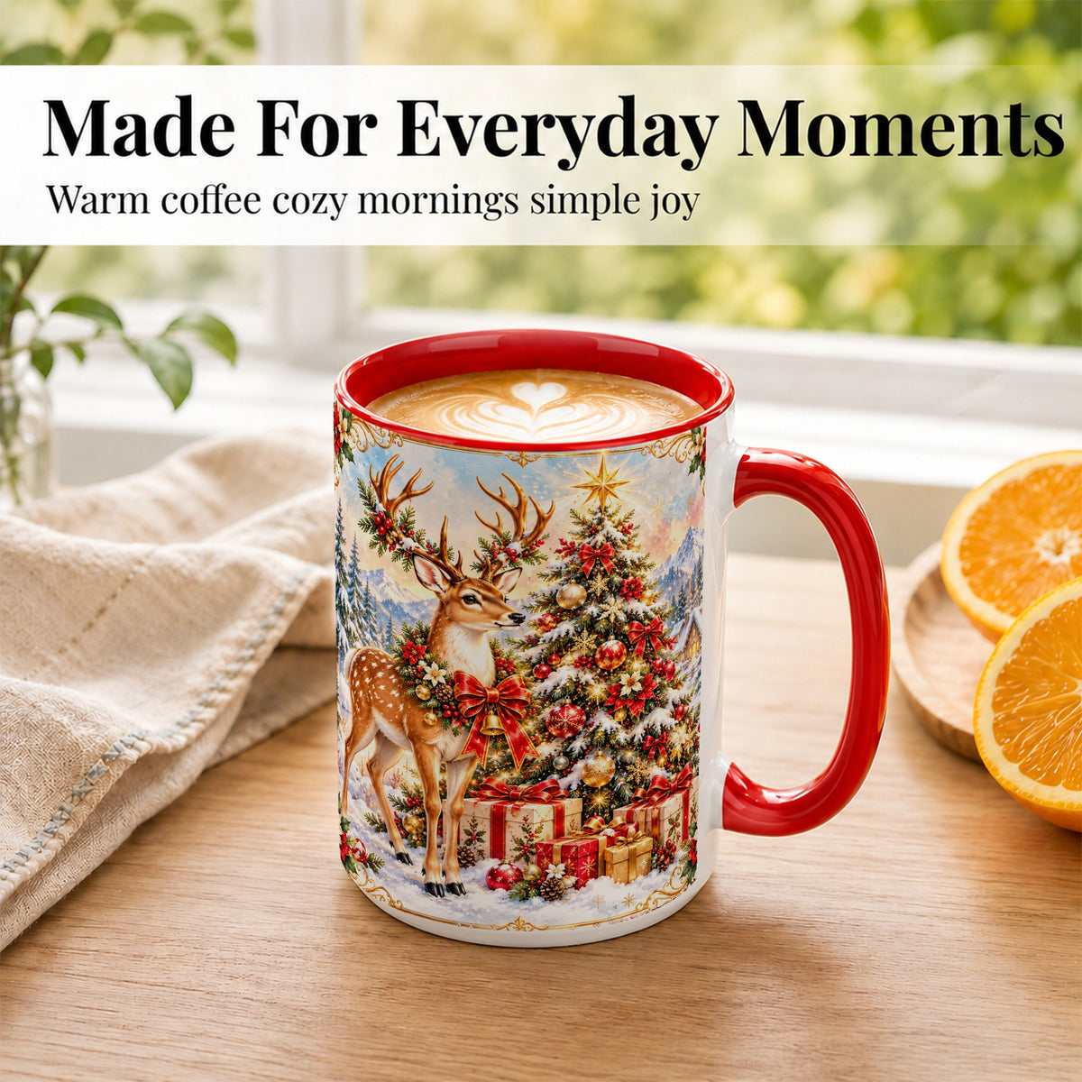 #pl[15oz|Red] Christmas Deer Coffee Mug, Winter Reindeer Mug, Ceramic Cup