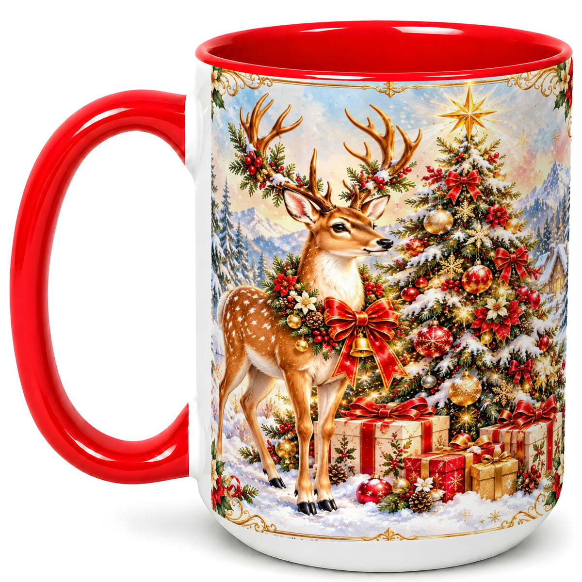 #pl[15oz|Red] Christmas Deer Coffee Mug, Winter Reindeer Mug, Ceramic Cup