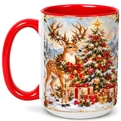 #pl[15oz|Red] Christmas Deer Coffee Mug, Winter Reindeer Mug, Ceramic Cup