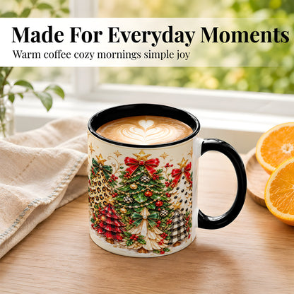 #pl[11oz|Black] Patterned Christmas Trees Coffee Mug, Holiday Tree Mug, Ceramic Cup