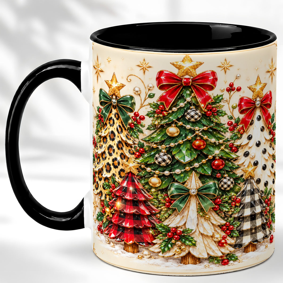 #pl[11oz|Black] Patterned Christmas Trees Coffee Mug, Holiday Tree Mug, Ceramic Cup