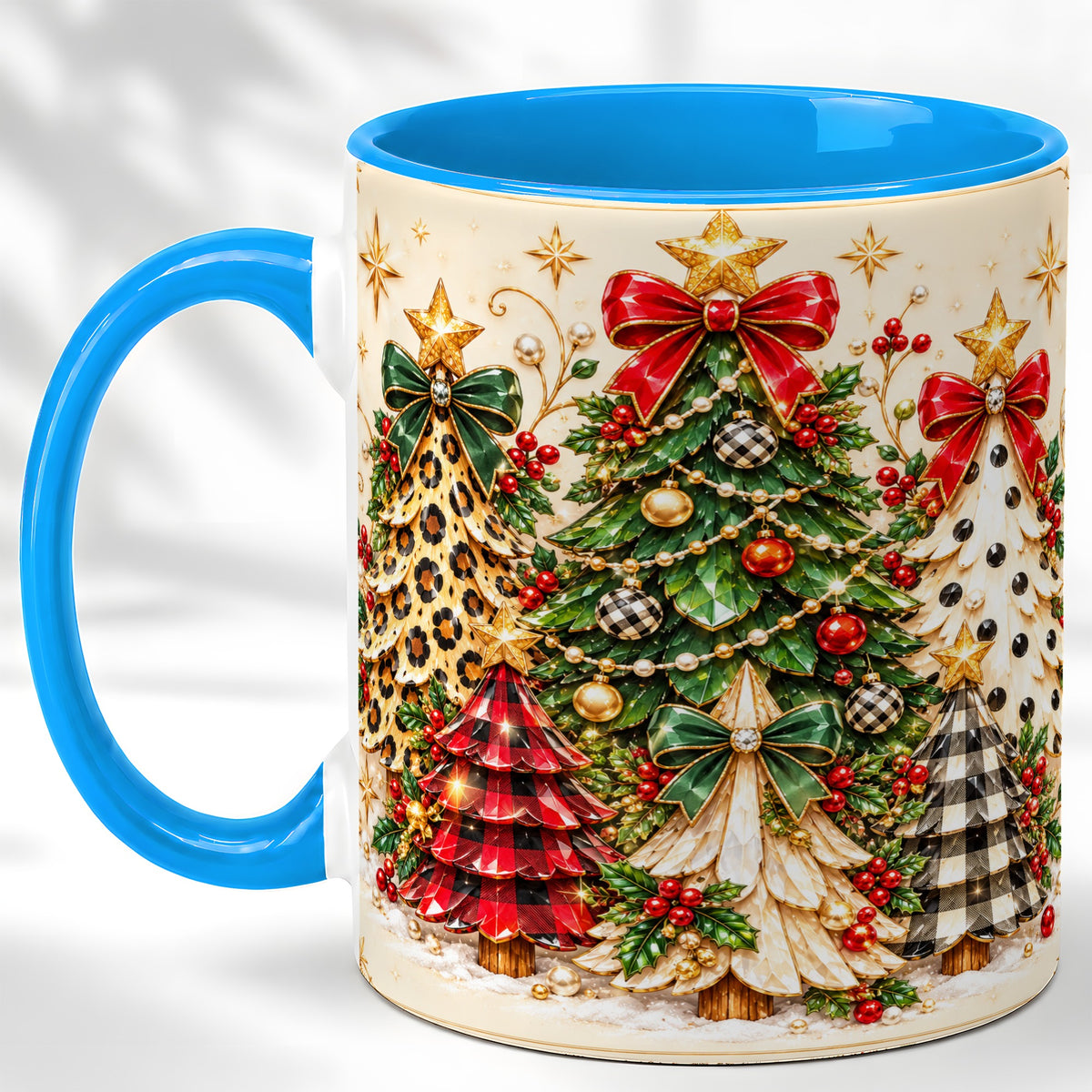 #pl[11oz|Blue] Patterned Christmas Trees Coffee Mug, Holiday Tree Mug, Ceramic Cup