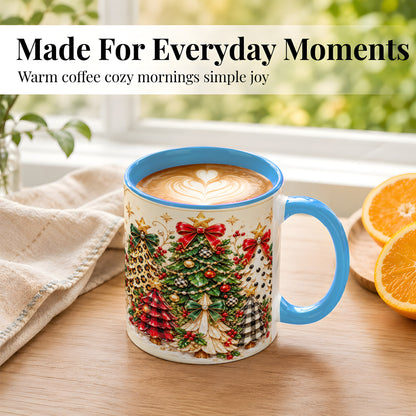 #pl[11oz|Blue] Patterned Christmas Trees Coffee Mug, Holiday Tree Mug, Ceramic Cup