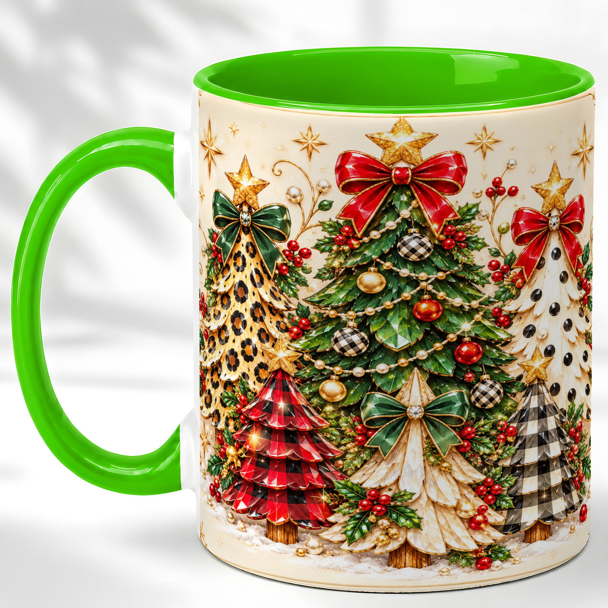 #pl[11oz|Green] Patterned Christmas Trees Coffee Mug, Holiday Tree Mug, Ceramic Cup