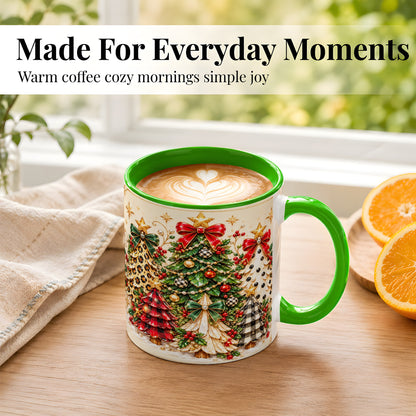 #pl[11oz|Green] Patterned Christmas Trees Coffee Mug, Holiday Tree Mug, Ceramic Cup