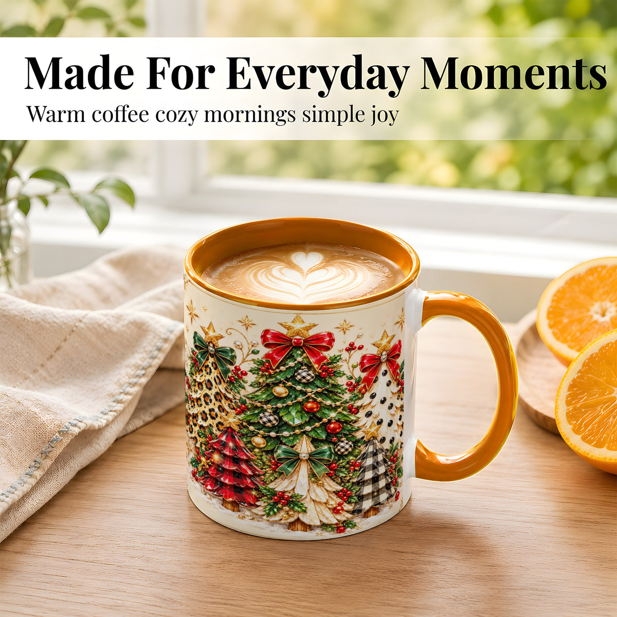 #pl[11oz|Orange] Patterned Christmas Trees Coffee Mug, Holiday Tree Mug, Ceramic Cup