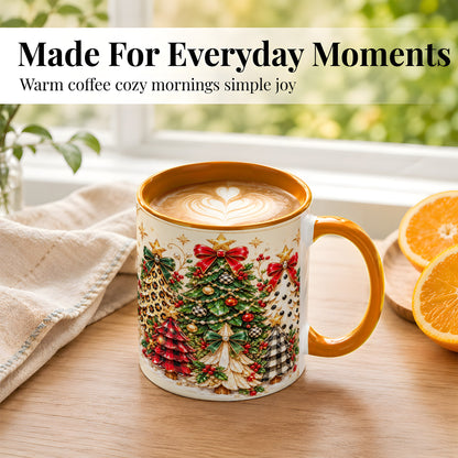 #pl[11oz|Orange] Patterned Christmas Trees Coffee Mug, Holiday Tree Mug, Ceramic Cup