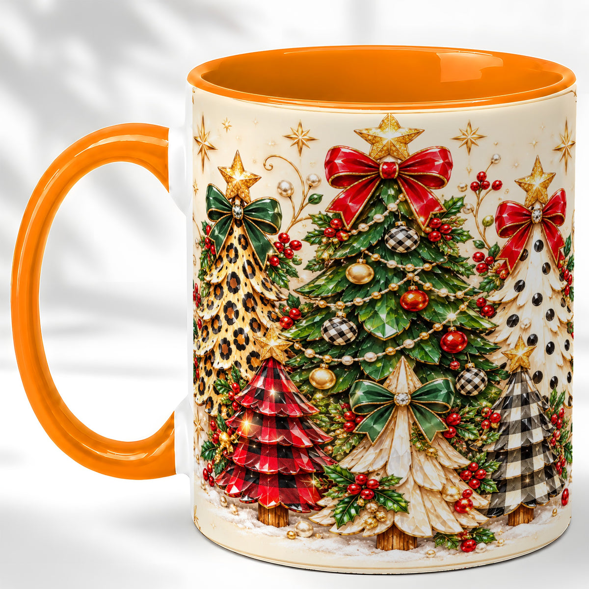 #pl[11oz|Orange] Patterned Christmas Trees Coffee Mug, Holiday Tree Mug, Ceramic Cup