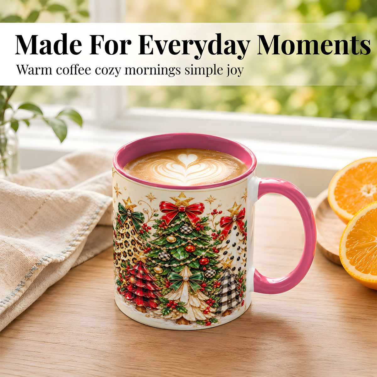 #pl[11oz|Pink] Patterned Christmas Trees Coffee Mug, Holiday Tree Mug, Ceramic Cup