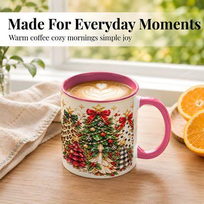 #pl[11oz|Pink] Patterned Christmas Trees Coffee Mug, Holiday Tree Mug, Ceramic Cup