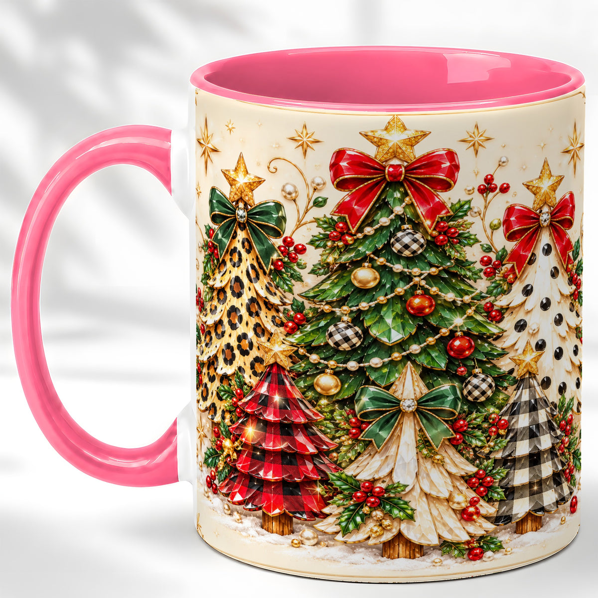 #pl[11oz|Pink] Patterned Christmas Trees Coffee Mug, Holiday Tree Mug, Ceramic Cup