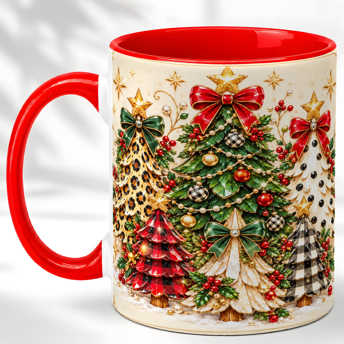 Patterned Christmas Trees Coffee Mug, Holiday Tree Mug, Ceramic Cup