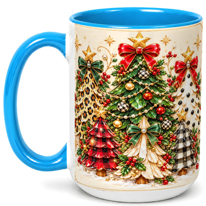 #pl[15oz|Blue] Patterned Christmas Trees Coffee Mug, Holiday Tree Mug, Ceramic Cup