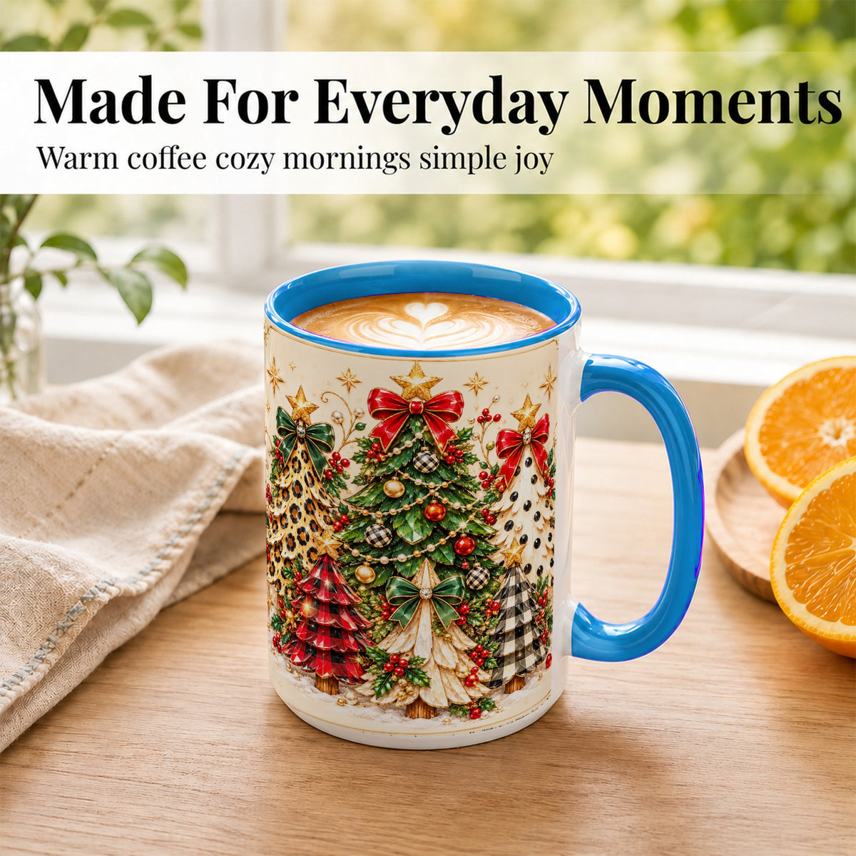 #pl[15oz|Blue] Patterned Christmas Trees Coffee Mug, Holiday Tree Mug, Ceramic Cup
