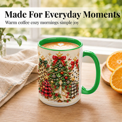 #pl[15oz|Green] Patterned Christmas Trees Coffee Mug, Holiday Tree Mug, Ceramic Cup